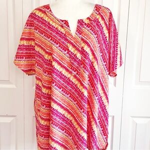 Catherines Colorful Pink Diagonal Stripe Print Popover Blouse 0X